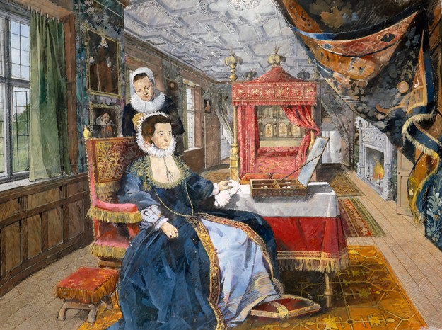 A servant in 17th-century Kirby Hall helps a lady to dress.
