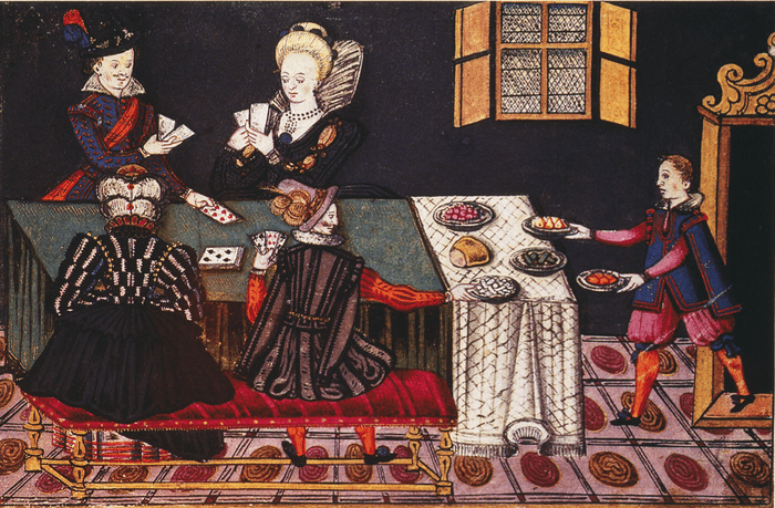 Jacobean ladies play cards while a servant brings food to the table