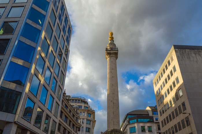 The Monument, a 202-feet-high stone column erected in the 1670s to commemorate the Great Fire of London, was originally designed by Robert Hooke and his friend Sir Christopher Wren (both astronomers) to serve as a giant telescope. (Getty Images)