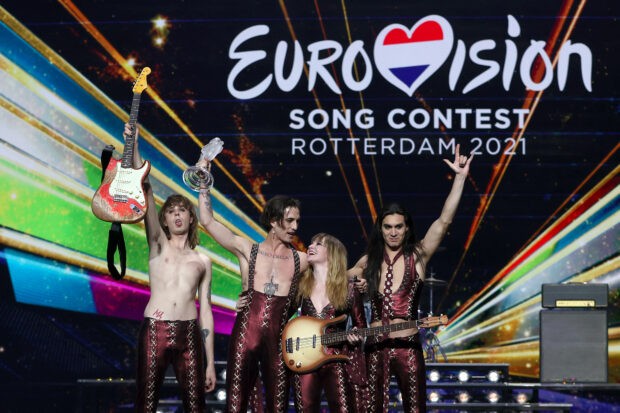 Måneskin react on stage to winning the 2021 Eurovison Song Contest for Italy