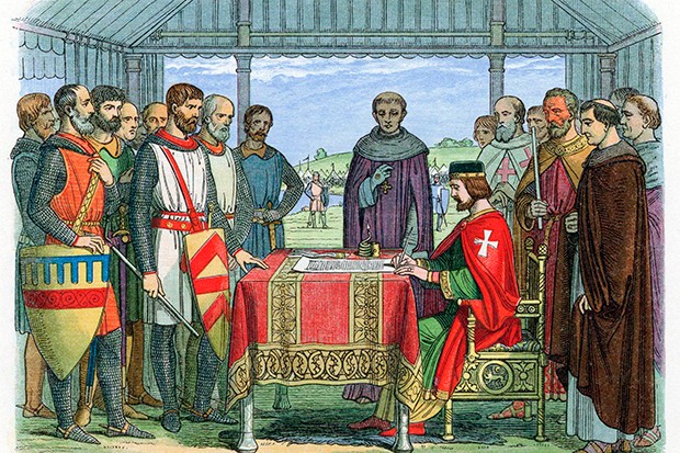 King John seals Magna Carta at Runnymede in 1215, as his barons watch on