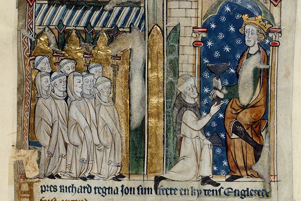 A 13th-century manuscript depicting the rumor that King John had been poisoned